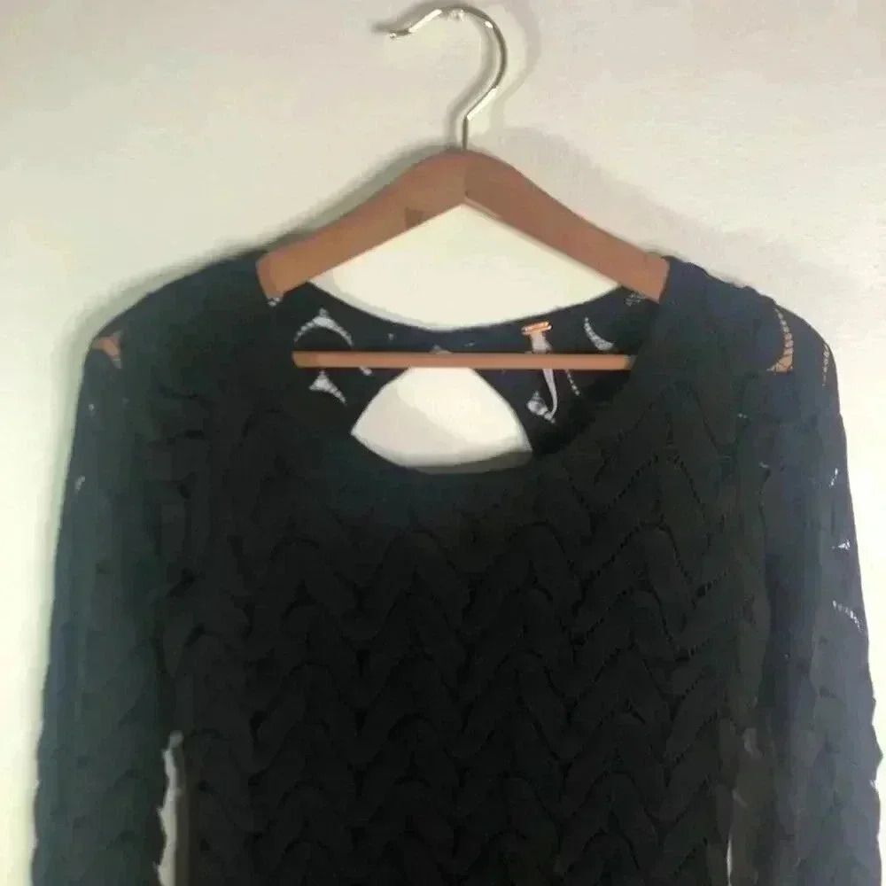 Free People Black Chevron Print Knit Bodycon Dress LBD Mini Dress Size S - Picture 2 of 7